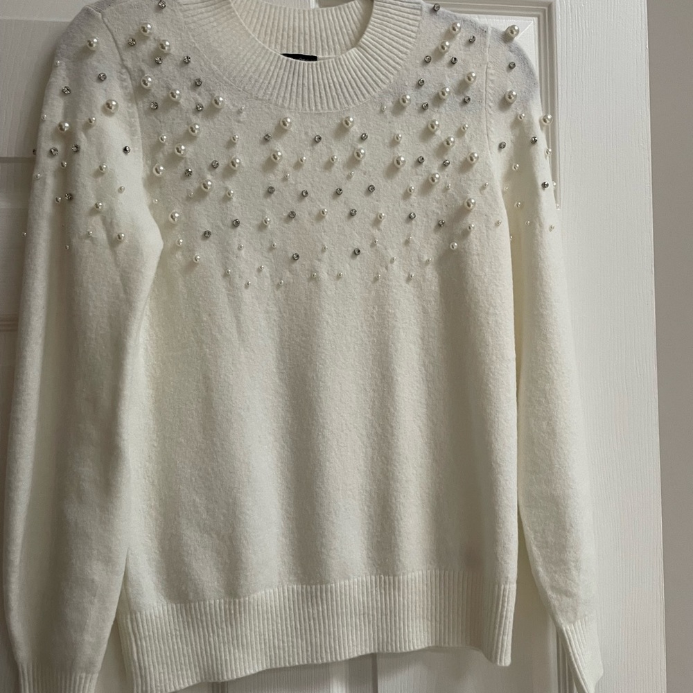 Talbots cream colored pearl and rhinestone sweater